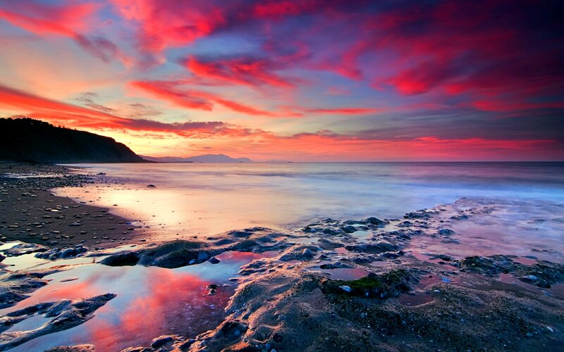 Rocky Beach at Sunset — Red