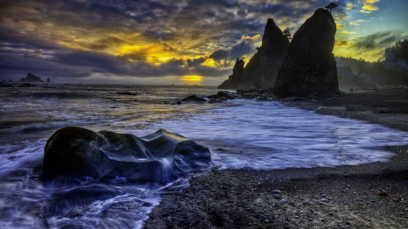Rocky Beach at Sunset — Yellow, Dramatic, Photograph, Ocean, Rocks