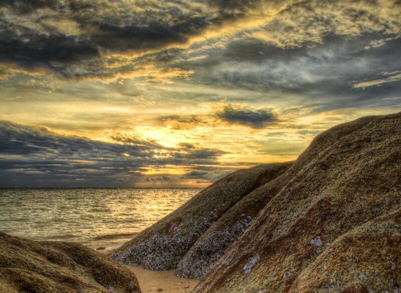 Rocky Beach at Sunset — Yellow, Dramatic, Photograph, Ocean