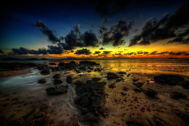 Rocky Beach at Sunset — Yellow, Dramatic, Photograph, Rocks, Sand