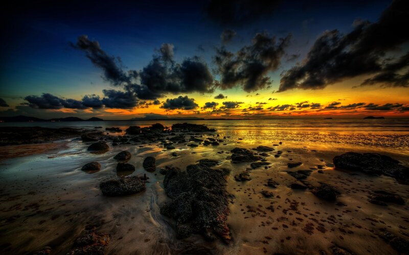 Rocky Beach at Sunset — Yellow, Dramatic, Photograph, Rocks, Sea
