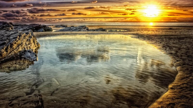 Rocky Beach at Sunset — Yellow, Dramatic, Photograph, Rocks