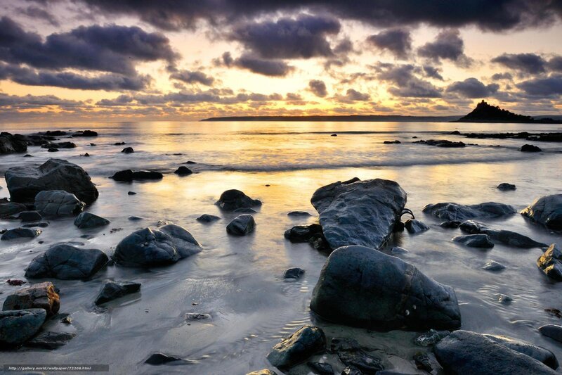 Rocky Beach at Sunset — Yellow, Dramatic, Photograph