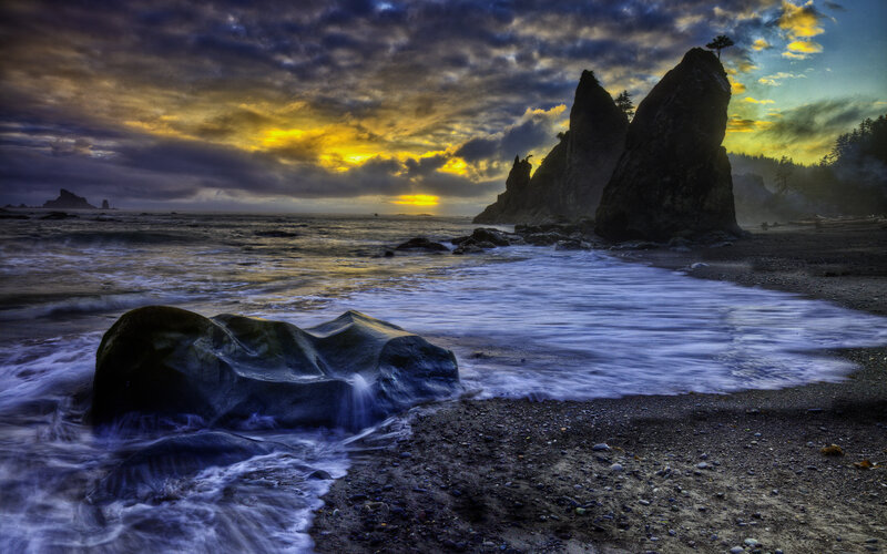 Rocky Beach at Sunset — Yellow, Dramatic