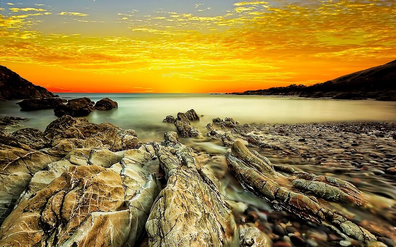 Rocky Beach at Sunset — Yellow