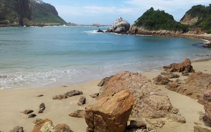 Rocky Beach Cove — Blue, Serene, Afternoon, Photograph, Sand, Rocks, Sea