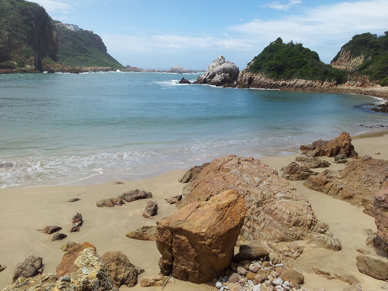 Rocky Beach Cove — Blue, Serene, Afternoon, Photograph, Sand, Rocks