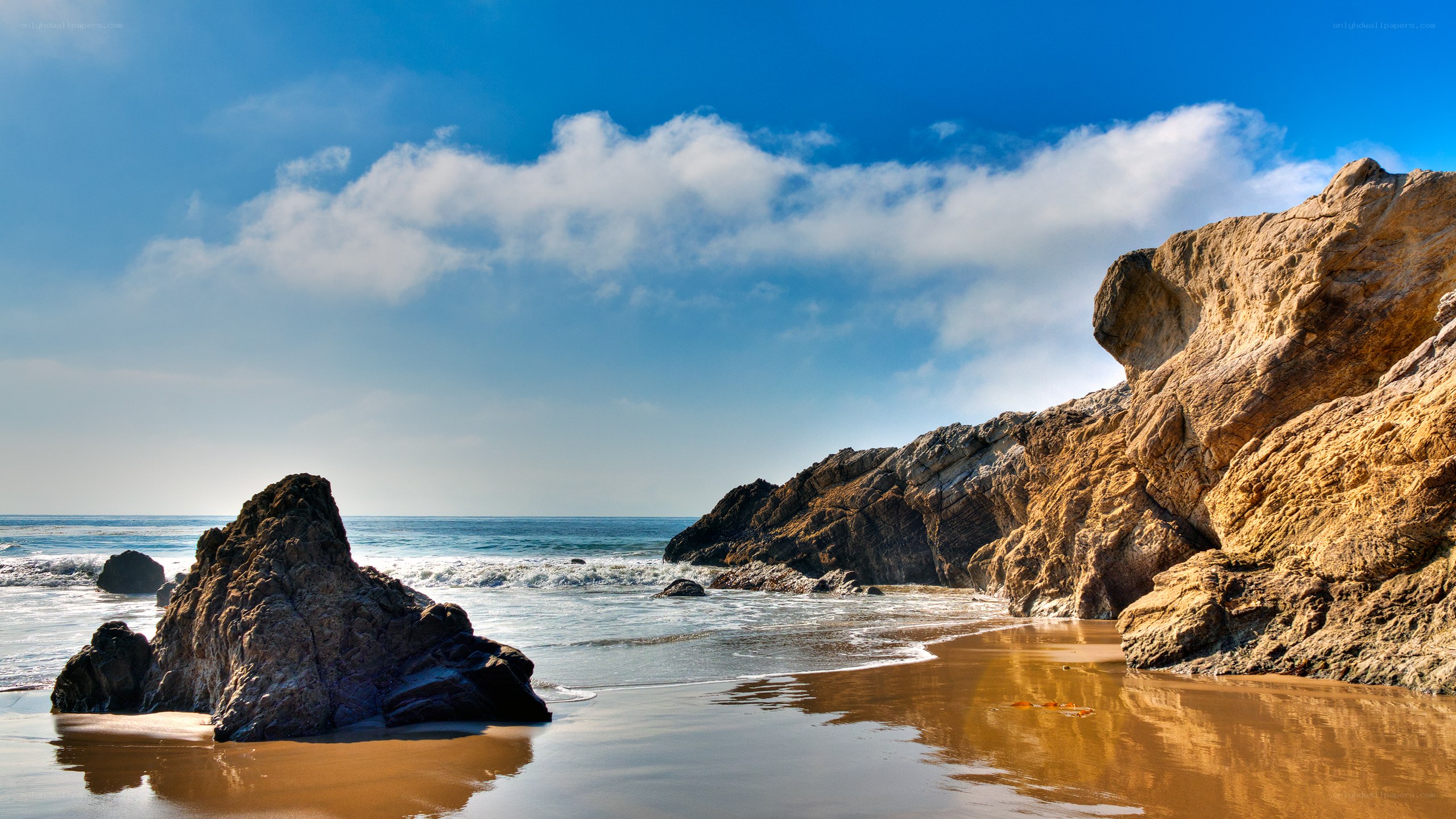 Rocky beach under blue sky