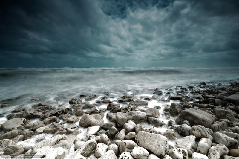 Rocky Beach under Stormy Sky — Gray