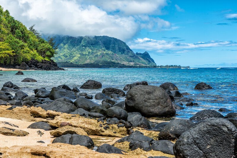 Rocky Beach with Mountains — Blue, Serene, Afternoon