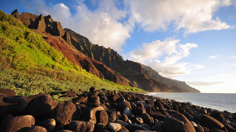 Rocky Beach with Mountains — Blue, Serene
