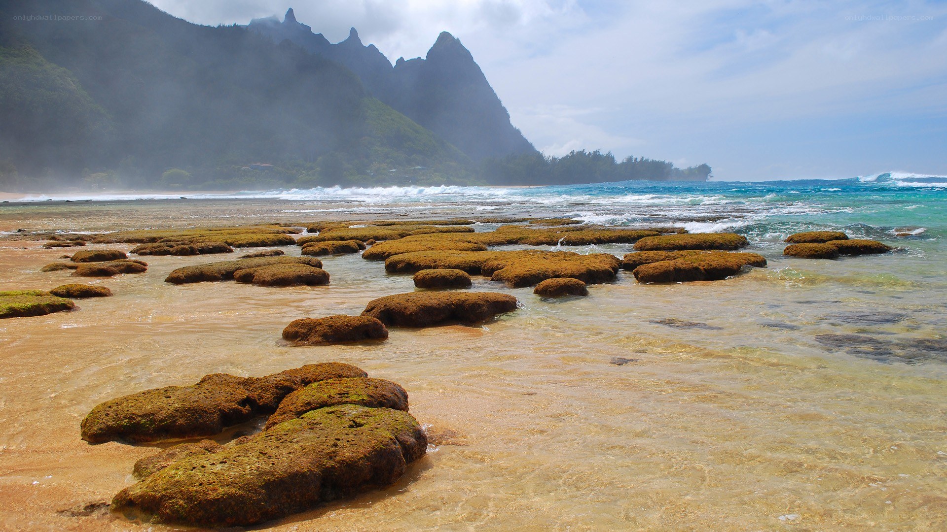 Rocky beach with mountains in background