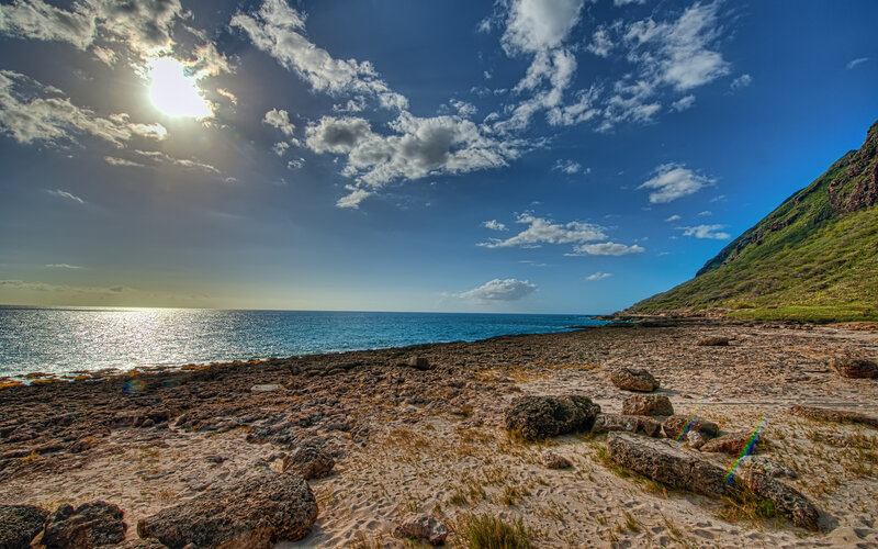 Rocky Beach with Ocean — Blue, Serene, Afternoon, Photograph, Mountain, Sun