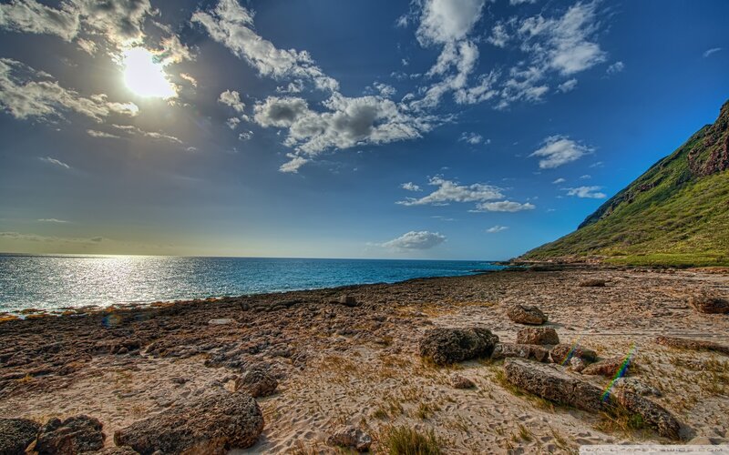 Rocky Beach with Ocean — Blue, Serene, Afternoon, Photograph, Mountain