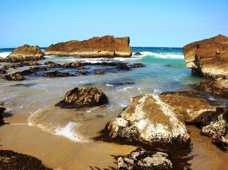 Rocky Beach with Ocean — Blue, Serene, Afternoon, Photograph, Rocks, Sand, Waves