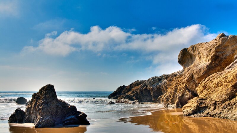 Rocky Beach with Ocean — Blue, Serene, Afternoon, Photograph, Rocks, Sky, Sand