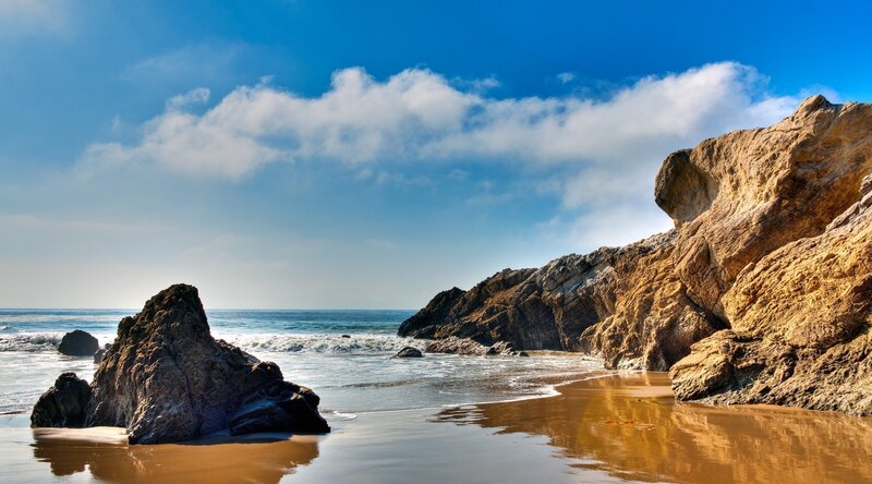 Rocky Beach with Ocean — Blue, Serene, Afternoon, Photograph, Rocks, Sky