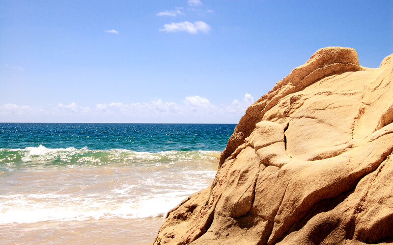 Rocky Beach with Ocean — Blue, Serene, Afternoon, Photograph, Sky, Waves