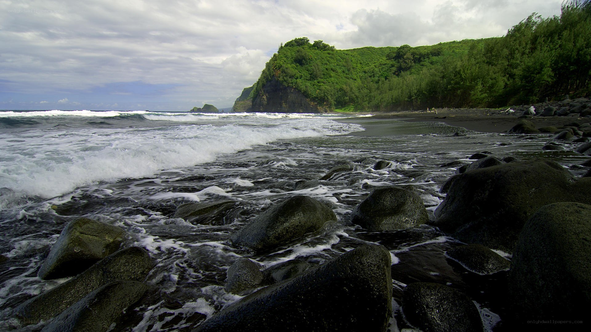 rocky beach with ocean waves