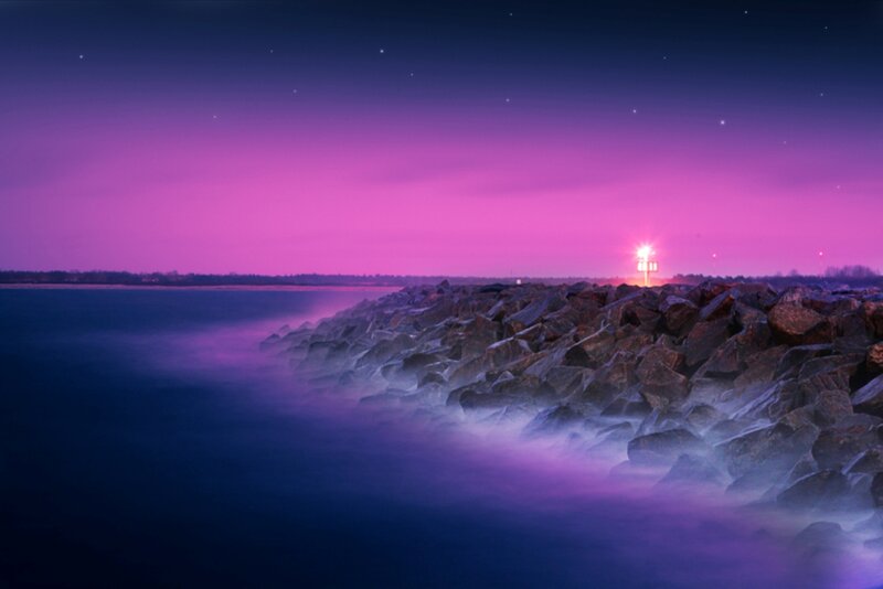 Rocky Breakwater at Night