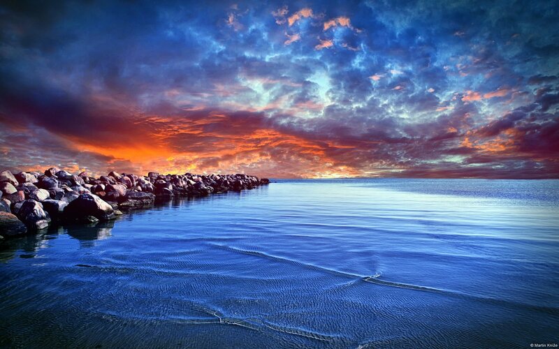 Rocky Breakwater at Sunset — Blue, Dramatic, Photograph, Rocks, Sea