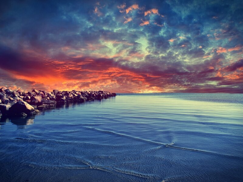 Rocky Breakwater at Sunset — Blue, Dramatic, Photograph, Sea, Sky