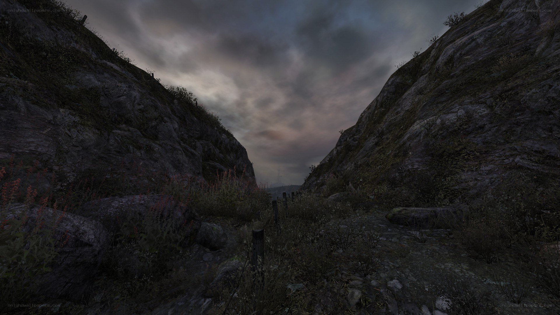 rocky canyon at dusk
