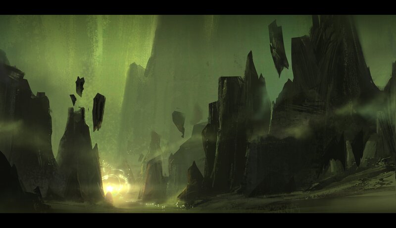 Rocky Canyon Landscape — Green, Dramatic, Night