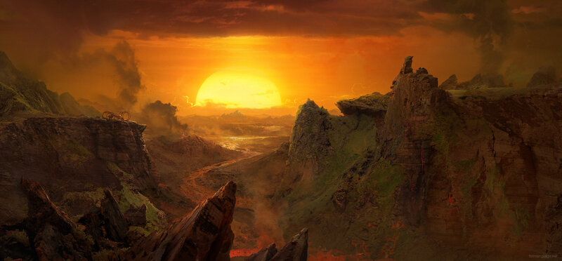 Rocky Canyon Landscape — Orange, Dramatic, Sunset, Digital Art, Sun