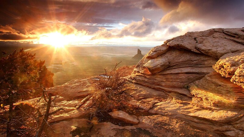 Rocky Canyon Landscape — Orange, Dramatic, Sunset, Photograph, Sun, Clouds