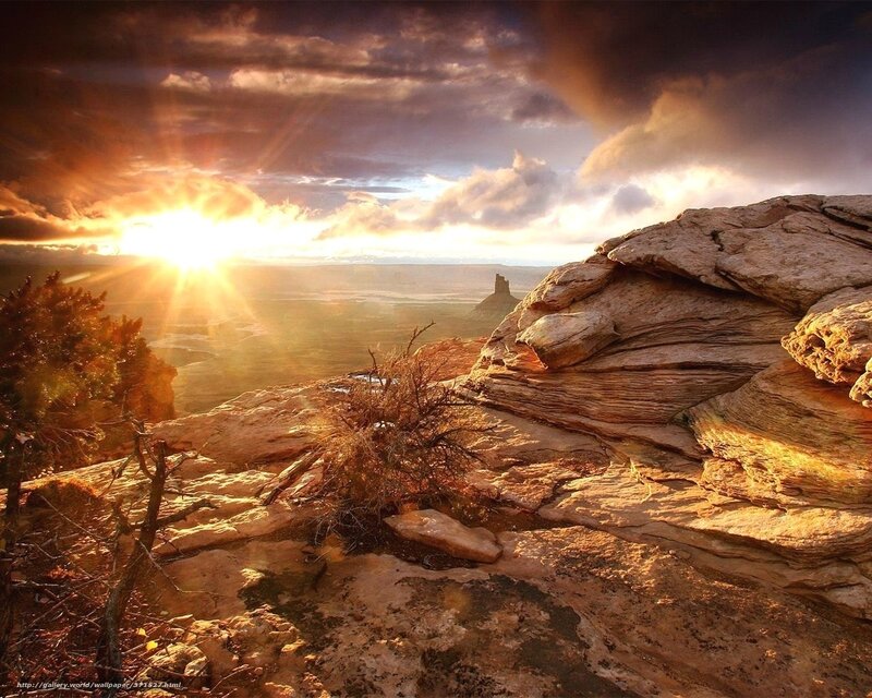 Rocky Canyon Landscape — Orange, Dramatic, Sunset, Photograph, Sun, Clouds, Vegetation