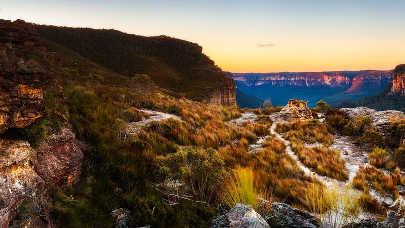 Rocky Canyon Landscape — Orange, Serene, Sunset, Photograph