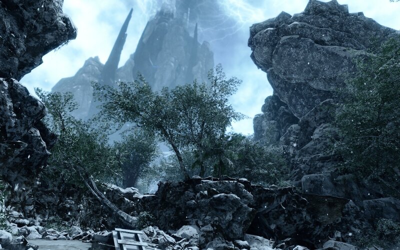 rocky canyon with distant spires