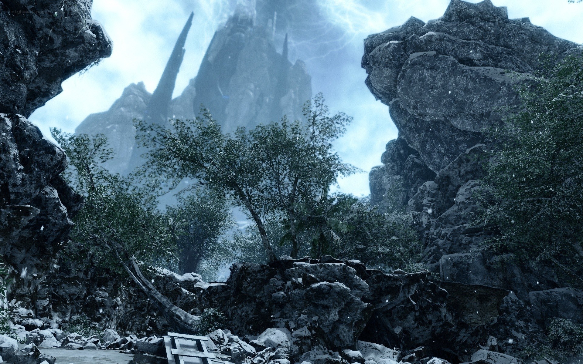 rocky canyon with distant spires