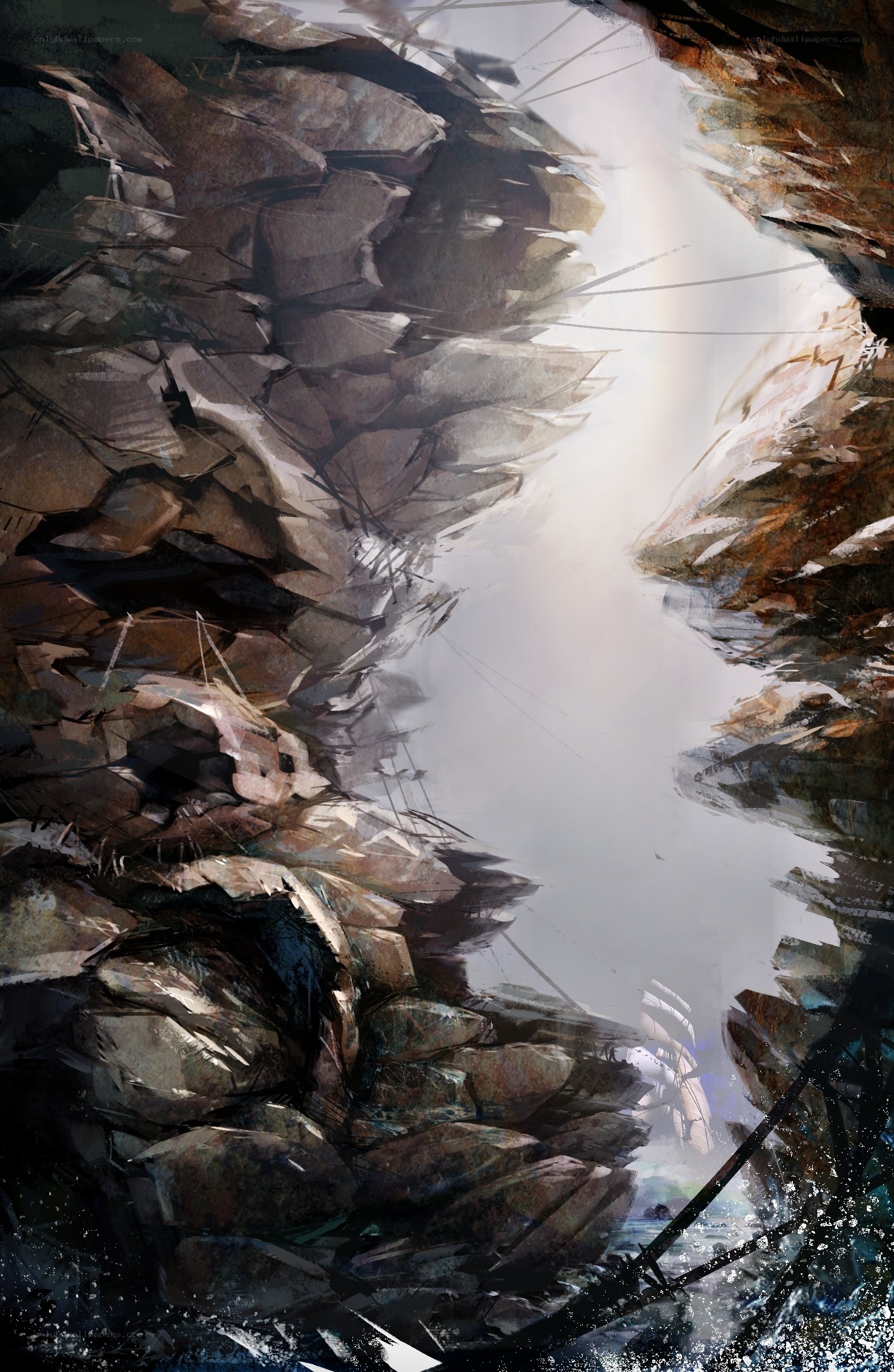 rocky canyon with ship