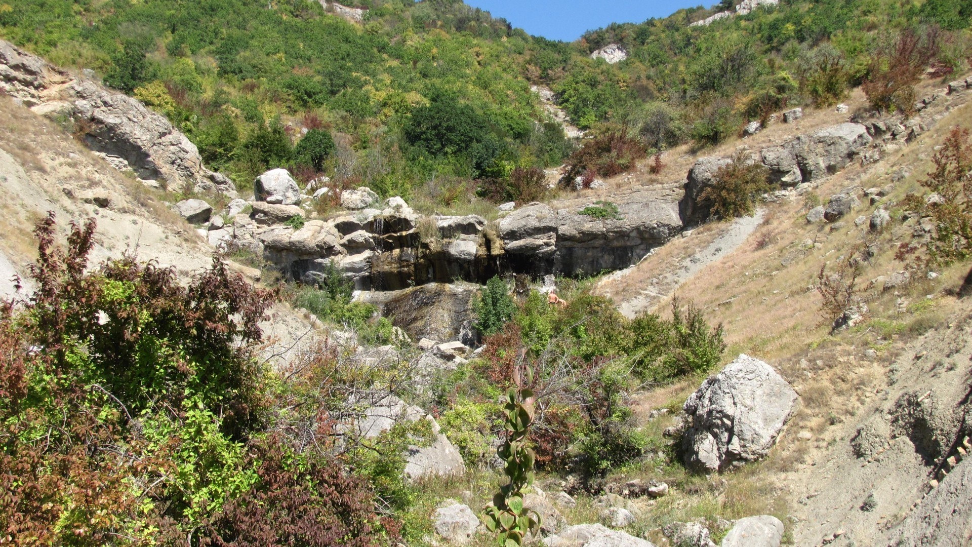 rocky canyon with small waterfall