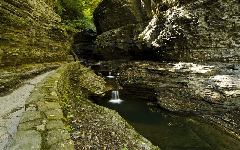 Rocky Canyon with Waterfall — Green, Serene