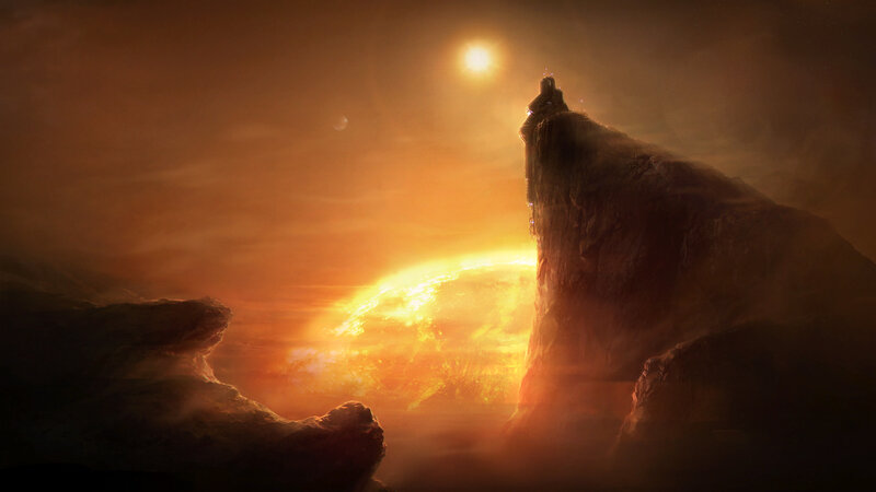 Rocky Cliff at Sunset — Orange, Dramatic, Digital Art