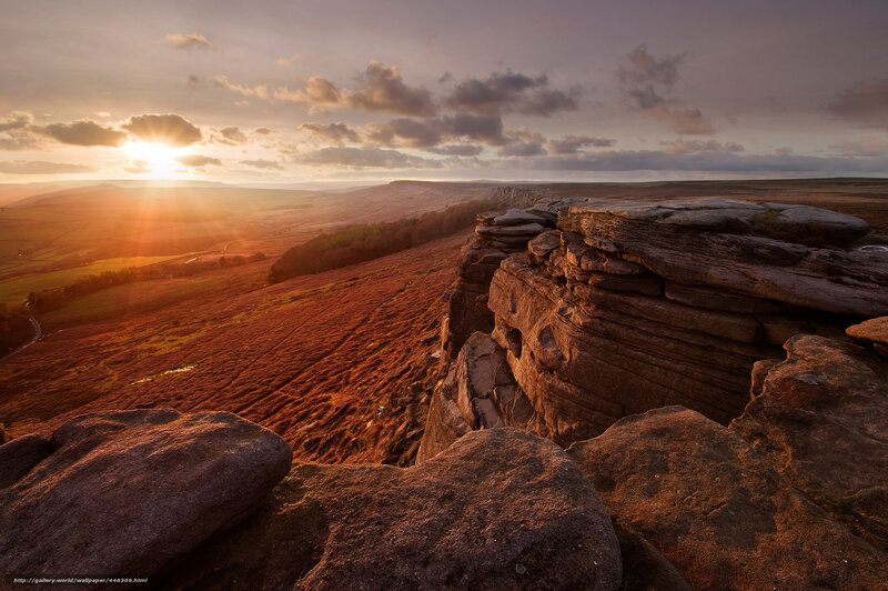 Rocky Cliff at Sunset — Orange, Dramatic, Photograph, Sun, Clouds, Hills