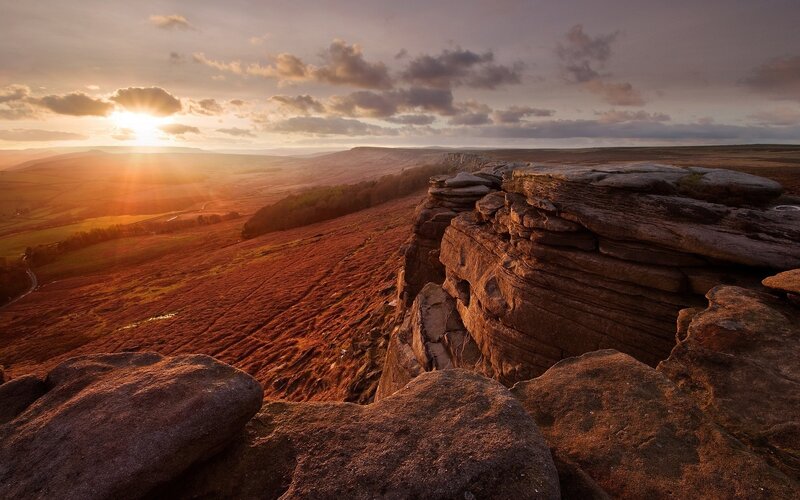 Rocky Cliff at Sunset — Orange, Dramatic, Photograph, Sun, Clouds, Valley, Rocks