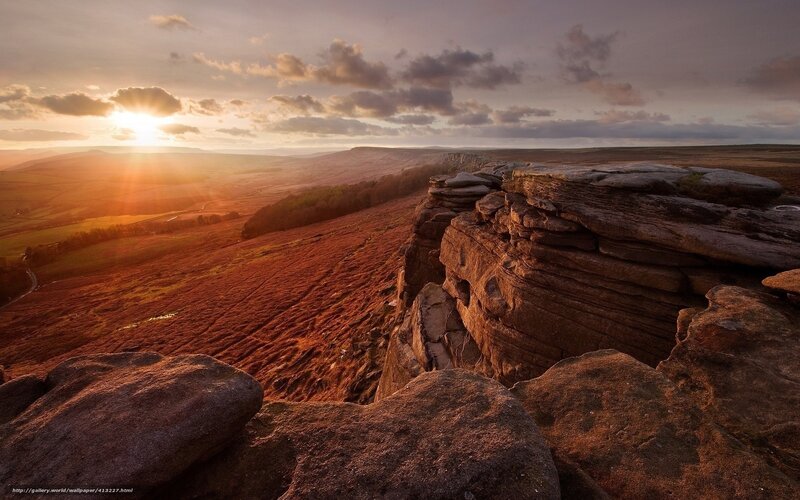 Rocky Cliff at Sunset — Orange, Dramatic, Photograph, Sun, Clouds, Valley