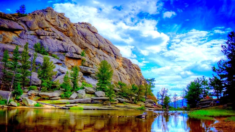 Rocky Cliff by Lake — Blue, Serene, Afternoon