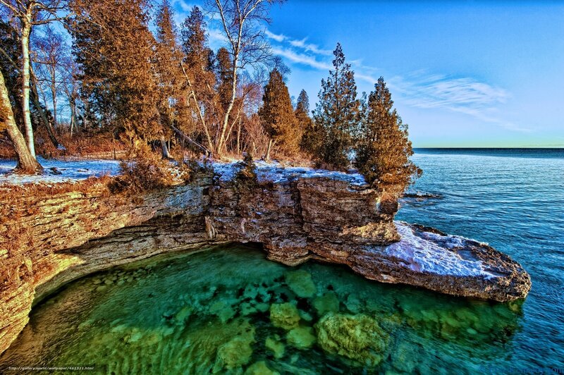 Rocky Cliff by Lake — Blue, Serene, Winter, Photograph, Trees, Water