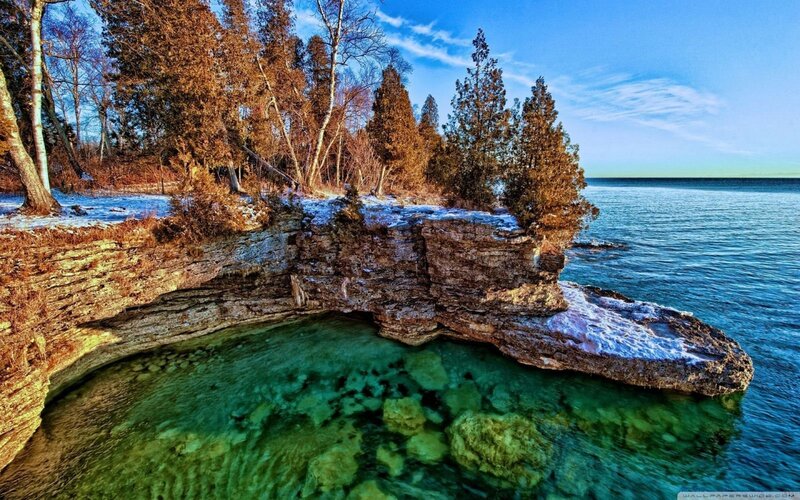 Rocky Cliff by Lake — Blue, Serene, Winter