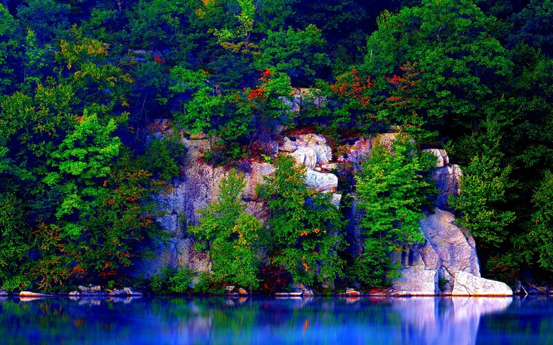 Rocky Cliff by Lake — Blue