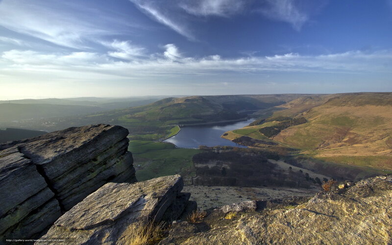 Rocky Cliff Overlooking Lake — Blue, Serene