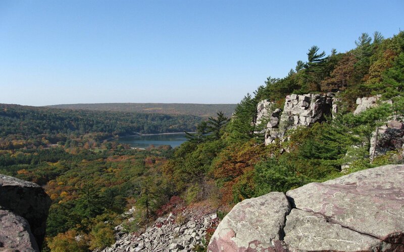 Rocky Cliff Overlooking Lake — Green