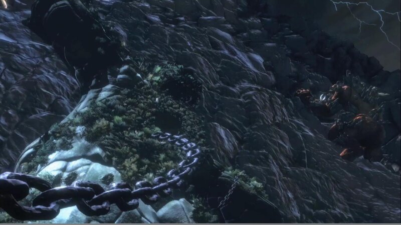 rocky cliff with chains
