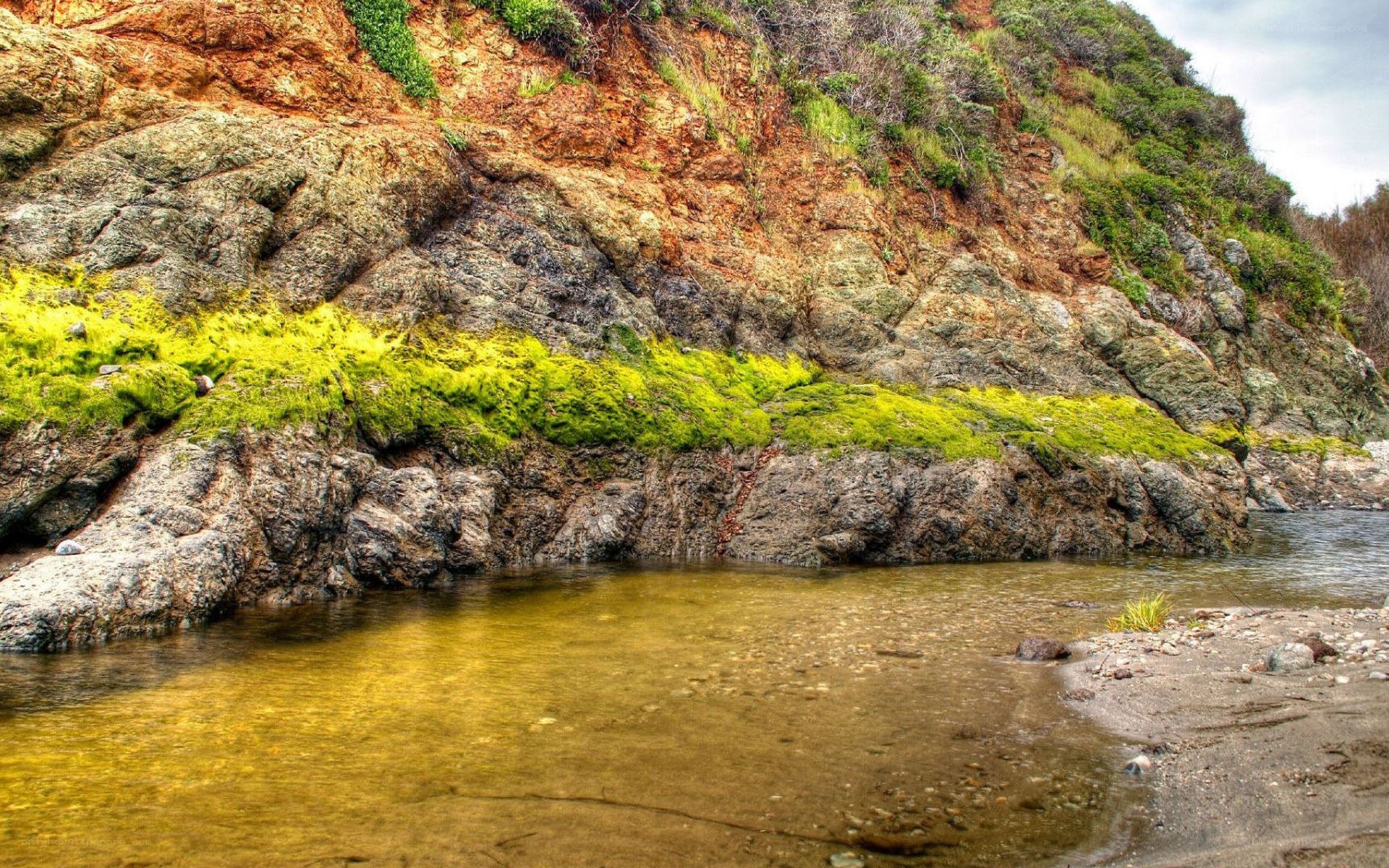 rocky cliff with green moss