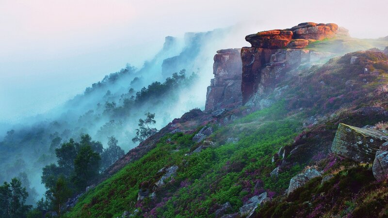 Rocky Cliff with Mist — Green, Serene, Morning, Photograph, Trees, Heather